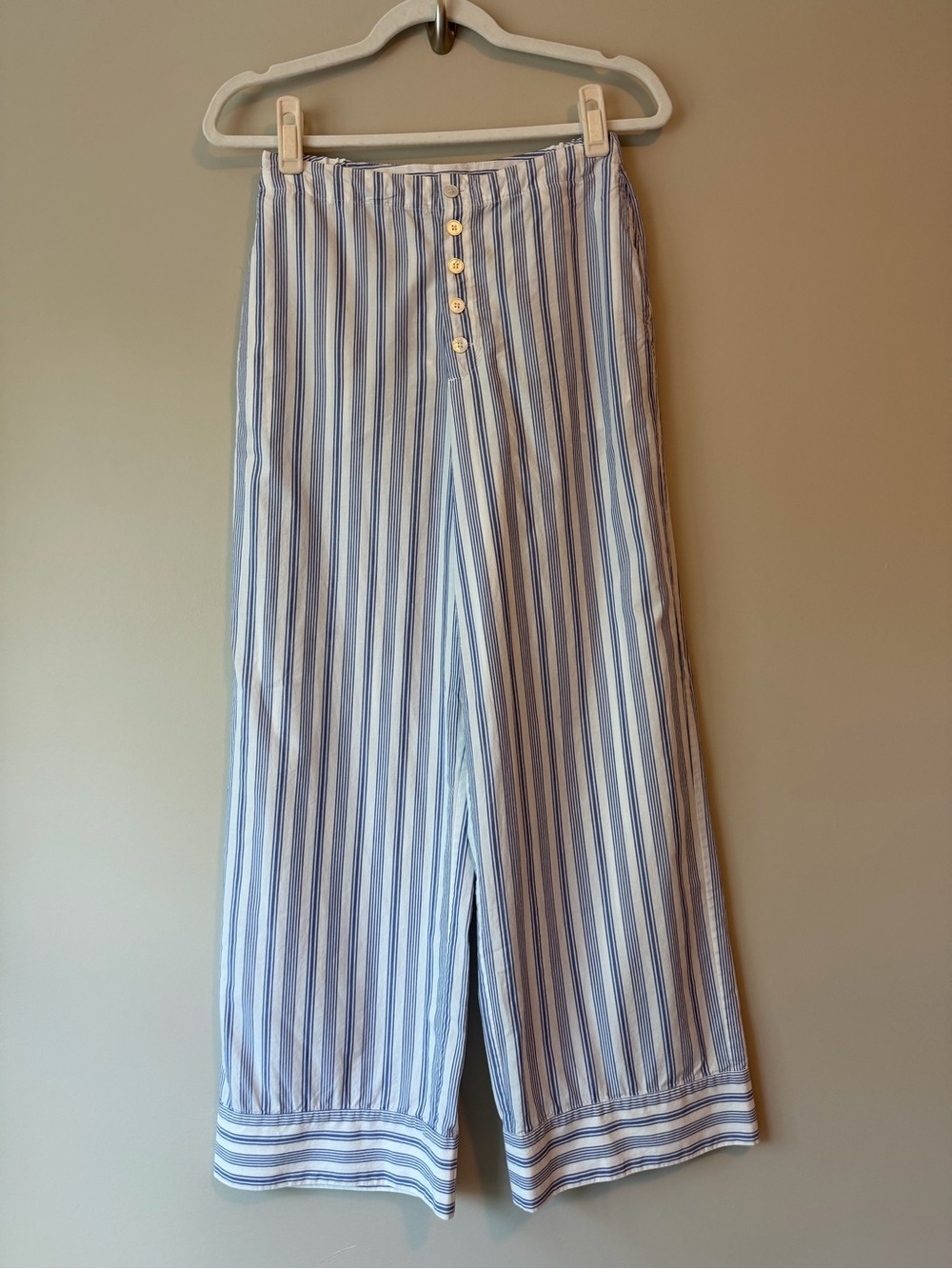 DÔEN Morgan Pants Blue White Striped Cotton Silk Wide Leg | XS | Waist 13.5”flat